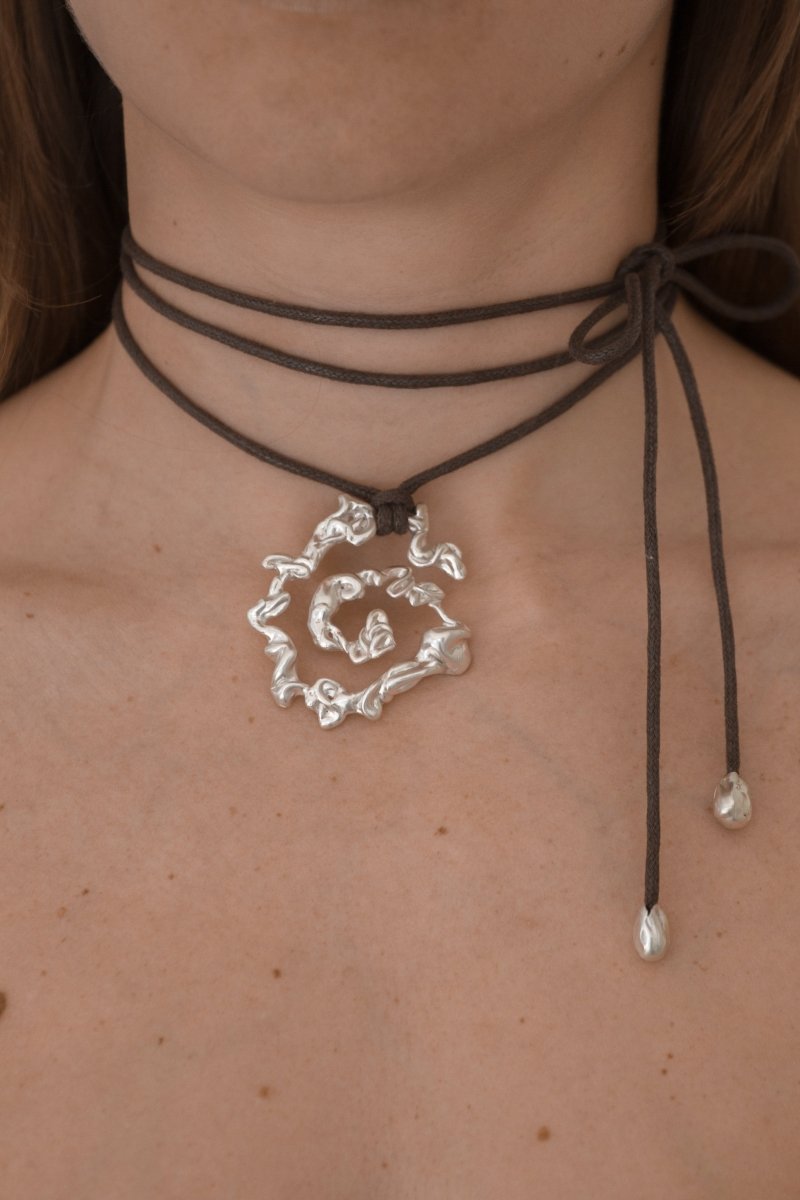 BERING SPIRAL TEXTURE HANDMADE STATEMENT PENDANT WAXED CORD NECKLACE