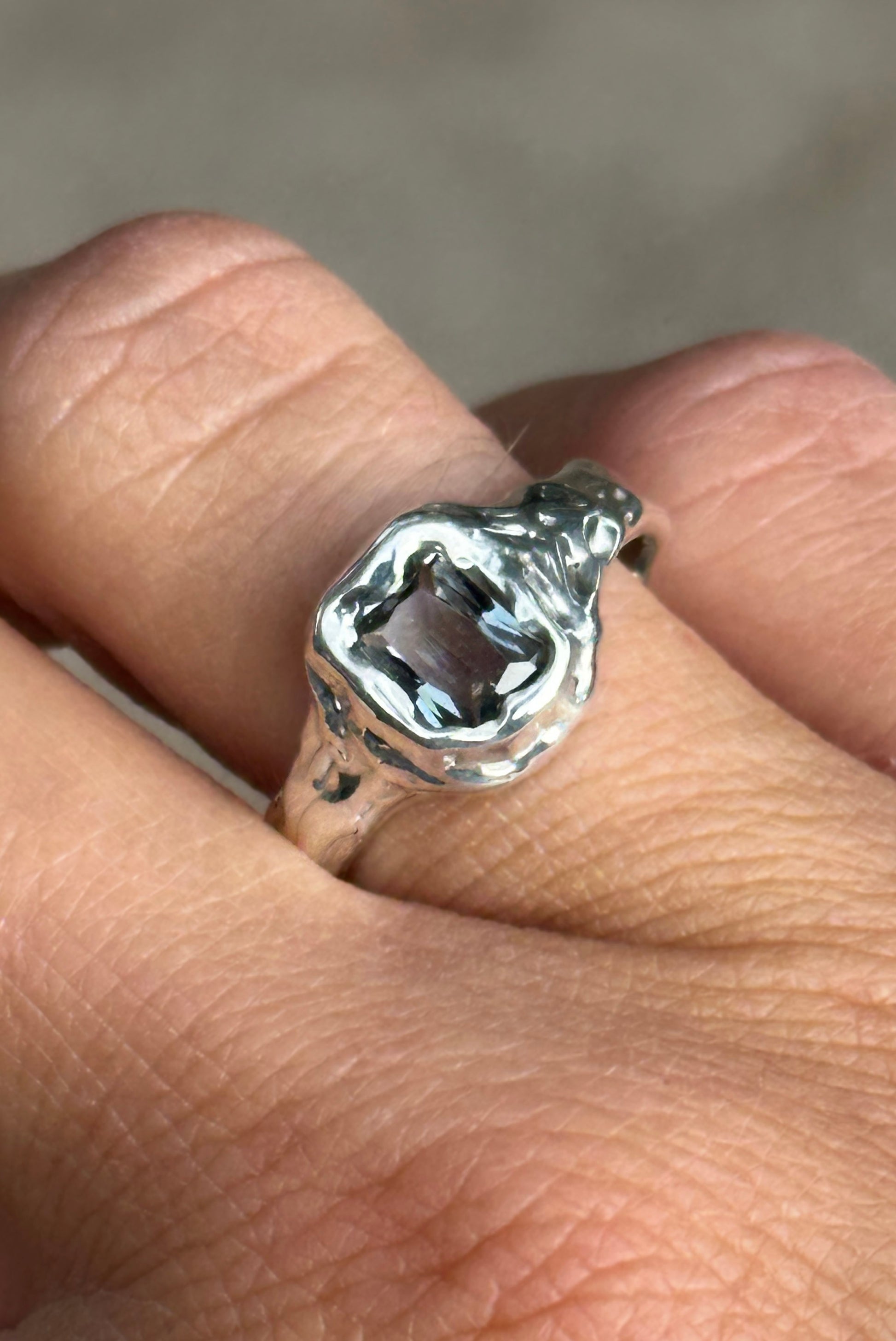 Hand-sculpted silver or gold ring with organic texture by Marea Jewelry