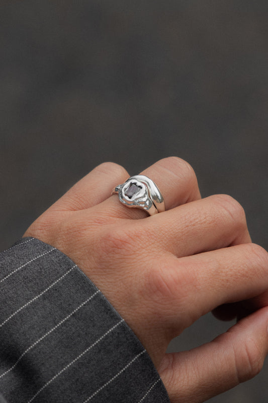 Hand-sculpted silver ring with organic texture by Marea Jewelry